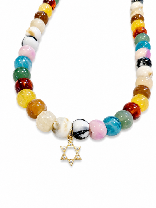Large Acrylic Multicolored Beads on Adjustable Cord with Star of David Charm