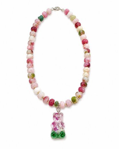 Handmade Resin Gummy Bear Charm on Candy Jade Bead Necklace