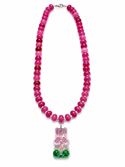 Handmade Resin Gummy Bear Charm on Candy Jade Bead Necklace