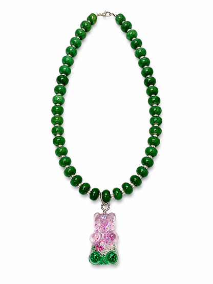 Handmade Resin Gummy Bear Charm on Candy Jade Bead Necklace